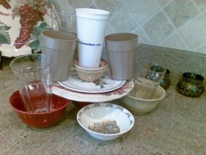 dishes stacked on counter